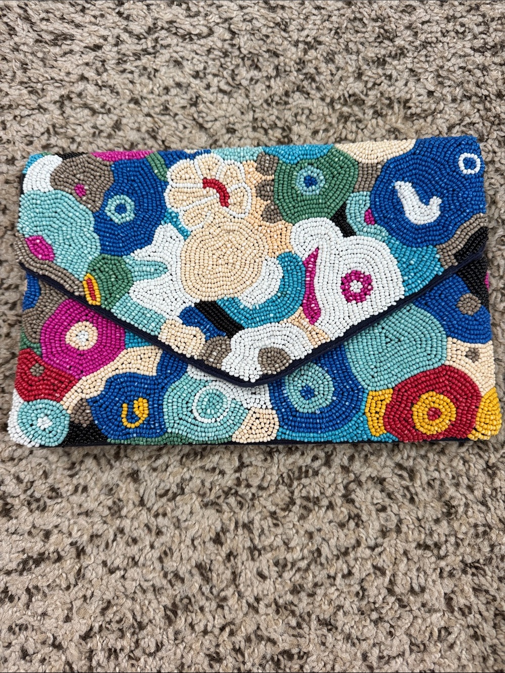 Multi Color beaded floral envelop style clutch w/ gold crossbody chain- like new